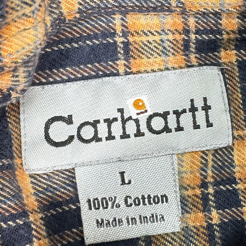 Carhartt Flannel Shirt Mens L Navy Blue Tan Plaid Cotton Workwear Long Sleeve - Picture 3 of 10